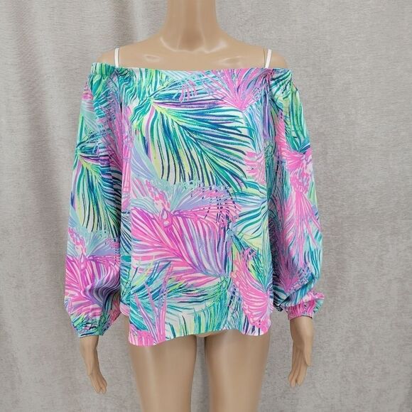 Lily Pulitzer Off The Shoulder Silk Adira Multi Scarlett Macaw Top Women's S - Picture 1 of 9